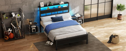Sleek Full Size Bed Frame with Glowing LED Lights & USB Charging Station | Modern Storage Headboard