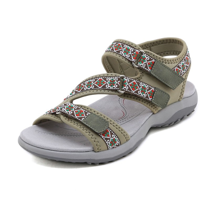Spring And Summer Printed Velcro Comfortable Casual Beach Flat Sandals For Women's Ethnic Style Leisure Comfortable And Simple