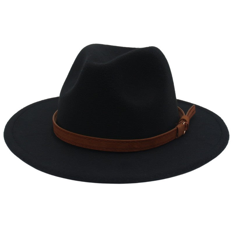 Classic Brown Belt Women Fedora Hats Autumn Winter Gentleman Jazz Felt Hat For Men Retro Church Lady Flat Wide Brim Dress Hat