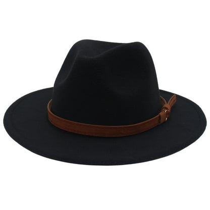Classic Brown Belt Women Fedora Hats Autumn Winter Gentleman Jazz Felt Hat For Men Retro Church Lady Flat Wide Brim Dress Hat