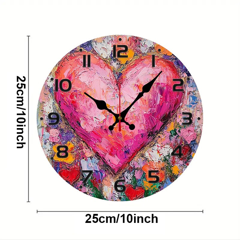 Heart Art Floral Wooden Round Silent Hanging Wall Clock, Suitable For Living Room, Office, Study Room, Bedroom, Home Decoration