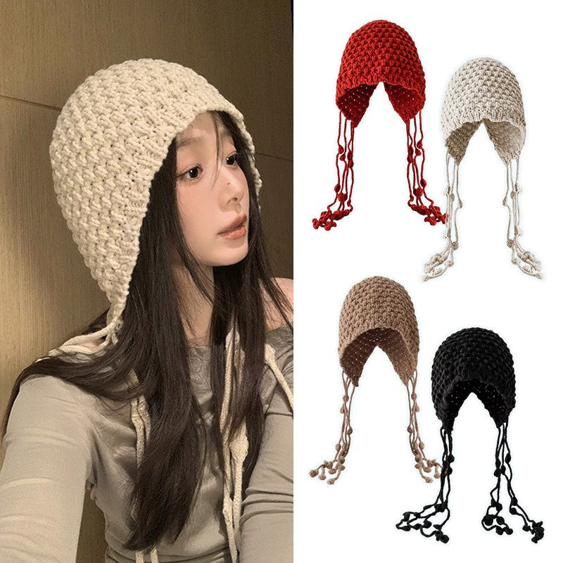 Autumn Winter Women's Hat Hand-knitted Woolen Tassel Cap Beanie Fashion Ear-protecting Cap Outdoor Warmth Headscarf Hat