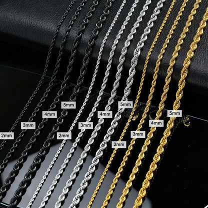Ropes Long Necklace for Men Women,Stainless Steel Gold Color Twisted Rope Chain Collar,2/3/4/5mm Punk Basic Waterproof Jewelry