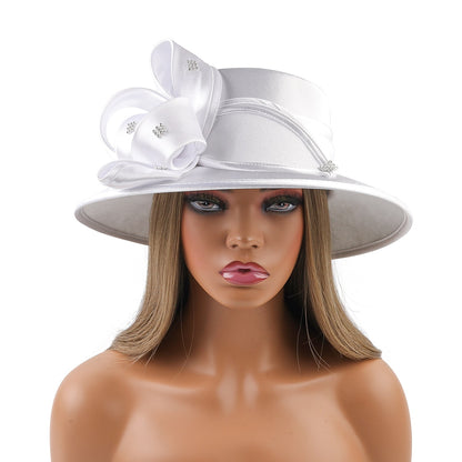 Deluxe New White Church Hat Party Banquet Satin Cloth Photography Hats Premium Chains Formal Hat Flower Top Cap For Women Ladies