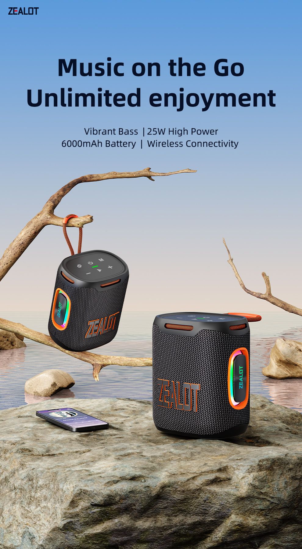 Zealot-S122 Bluetooth Speaker BT5.3 Wireless IPX6 Waterproof Shower Speaker,25W HiFi Stereo Sound,TWS Pairing,20H Music Playtime