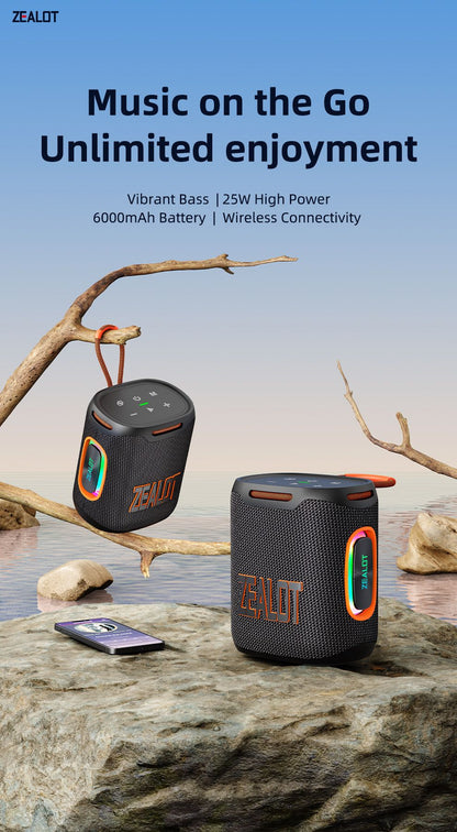 Zealot-S122 Bluetooth Speaker BT5.3 Wireless IPX6 Waterproof Shower Speaker,25W HiFi Stereo Sound,TWS Pairing,20H Music Playtime