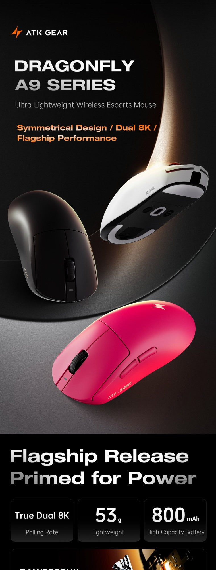 Mouse Sem Fio ATK Dragonfly A9 Series Tri Mode PAW3950 Nordic52840 8K 53g Leve Personalizável para Laptop Gamer PC Gaming