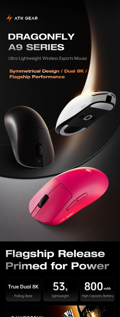 Mouse Sem Fio ATK Dragonfly A9 Series Tri Mode PAW3950 Nordic52840 8K 53g Leve Personalizável para Laptop Gamer PC Gaming
