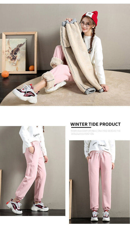 ??Women's Fleece Lined Joggers Winter Plush Pants High Waist Adjustable Drawstring Lounge Street Comfortable Casual Trousers??