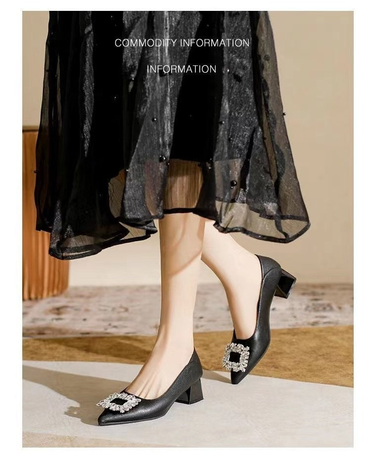 Women's Elegant Black Mid Block Heels Pumps with Crystal Rhinestone Pointed Toe Dress Shoes