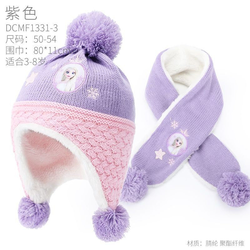 Conjunto infantil de gorro de lã e cachecol com animação da Elsa de Frozen da Disney, desenho animado, inverno, forro de veludo, espesso para manter aquecido
