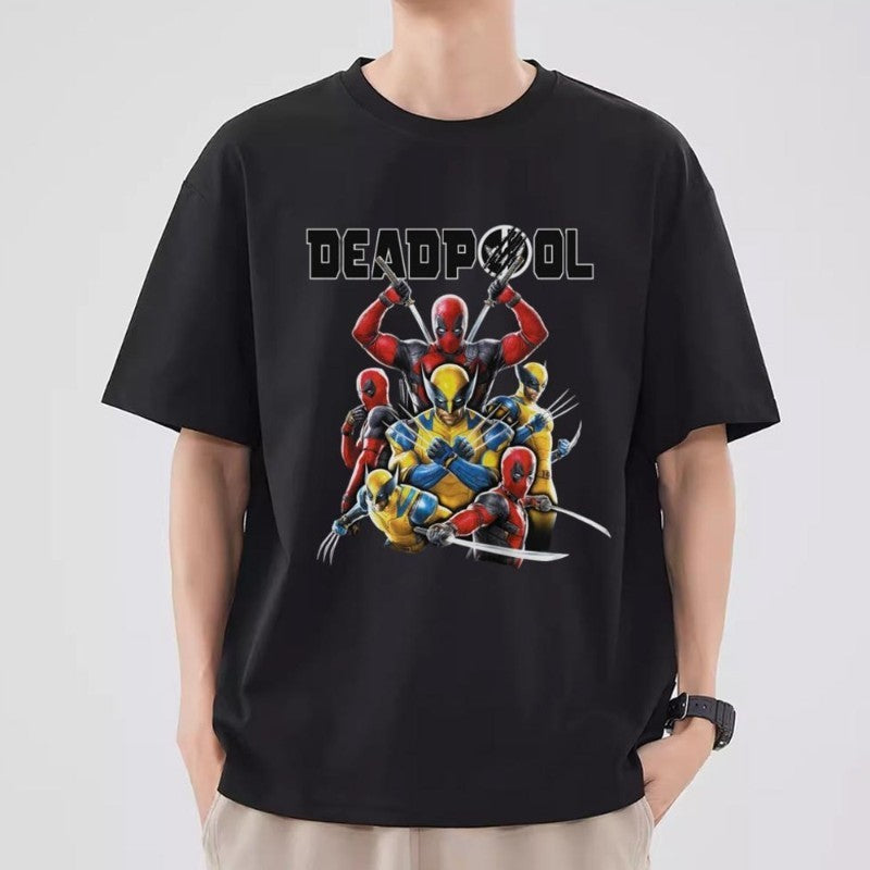 MINISO Deadpool Wolverine T Shirt Men Couple Combination Clothes Short Sleeve Collar Fashion T-shirt Man Cool Cotton Unisex Tops