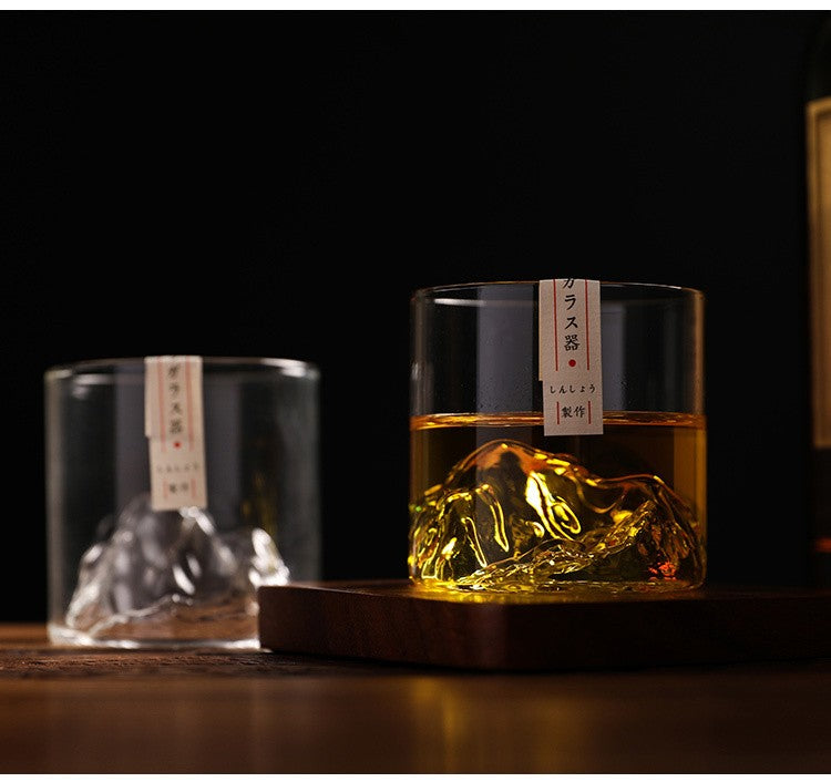 Conjunto de Copos de Uísque de Montanha Glacial 3D Japonesa - Copos Baixos & para Pedras com Caixa de Presente de Madeira para Uísque, Vodka, Vinho