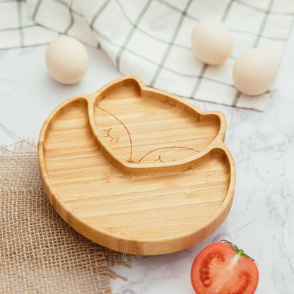 3Pcs Baby Bamboo Plate Silicone Suction Kids Wooden Feeding Tableware Non-slip Dinnerware Baby Tableware for Baby Birthday Gift