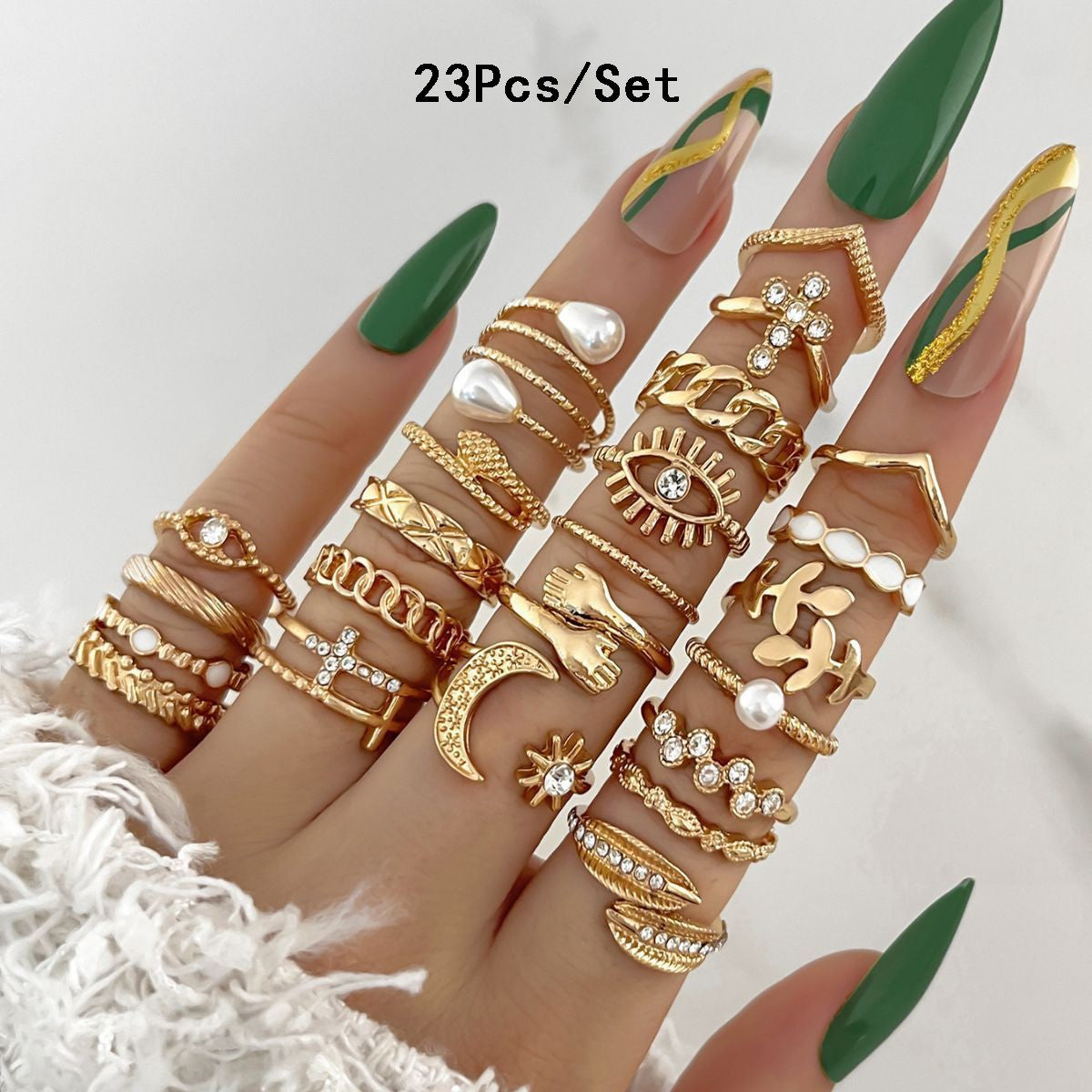 Conjunto de 23 Anéis de Nudilho da Moda para Mulheres com Cristal Estrela Lua Olho Onda Cor Ouro Prata Anéis Femininos Jóias da Moda para Festa Presente