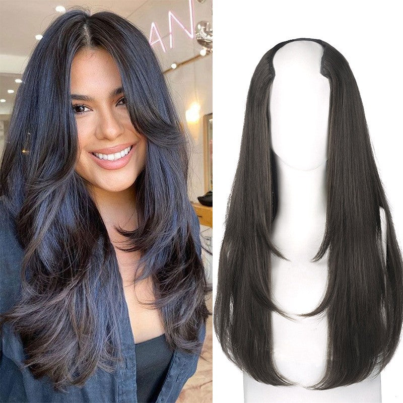 Peruca feminina com botão interno de peça única, cabelo encaracolado longo em camadas, aplique em V