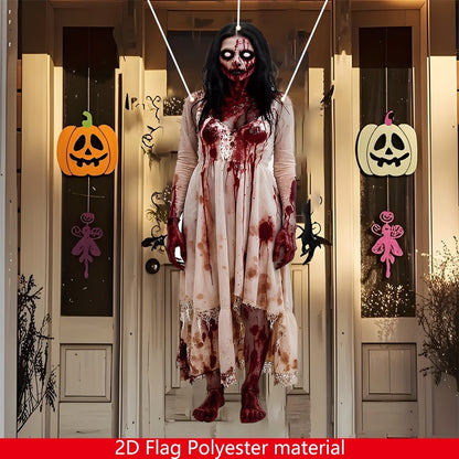 Large Halloween zombie woman Bloody Door banner - Horror party decoration, durable polyester fabric, haunted house, porch, home