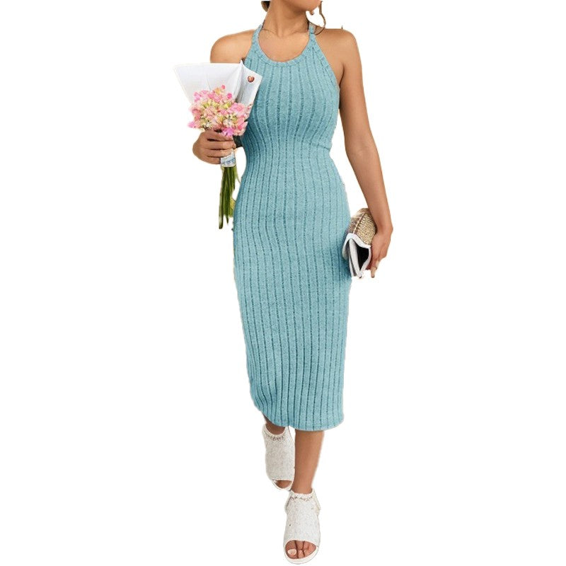 Solid Halter Neck Bodycon Midi Dress High-end temperament vest halter dress wome