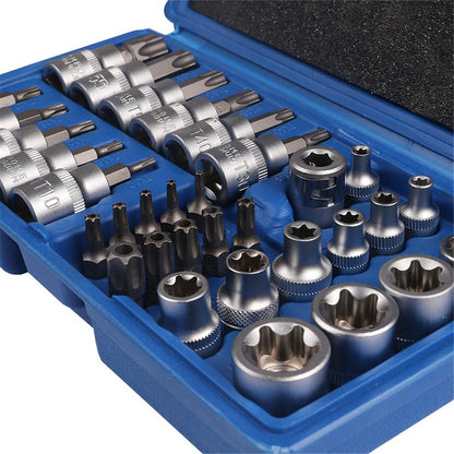 Conjunto de Soquetes Torx e E-Torx de 34 Peças, Encaixe de 1/4", 3/8", 1/2", Pontas Macho e Fêmea de Segurança E-torx, Ferramenta Manual