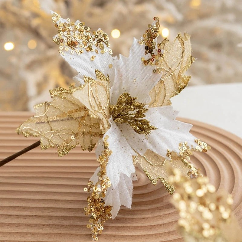 Gold Simulation Christmas Flower Christmas Tree Decorative Flower 20cm Sequin Velvet Ecoration