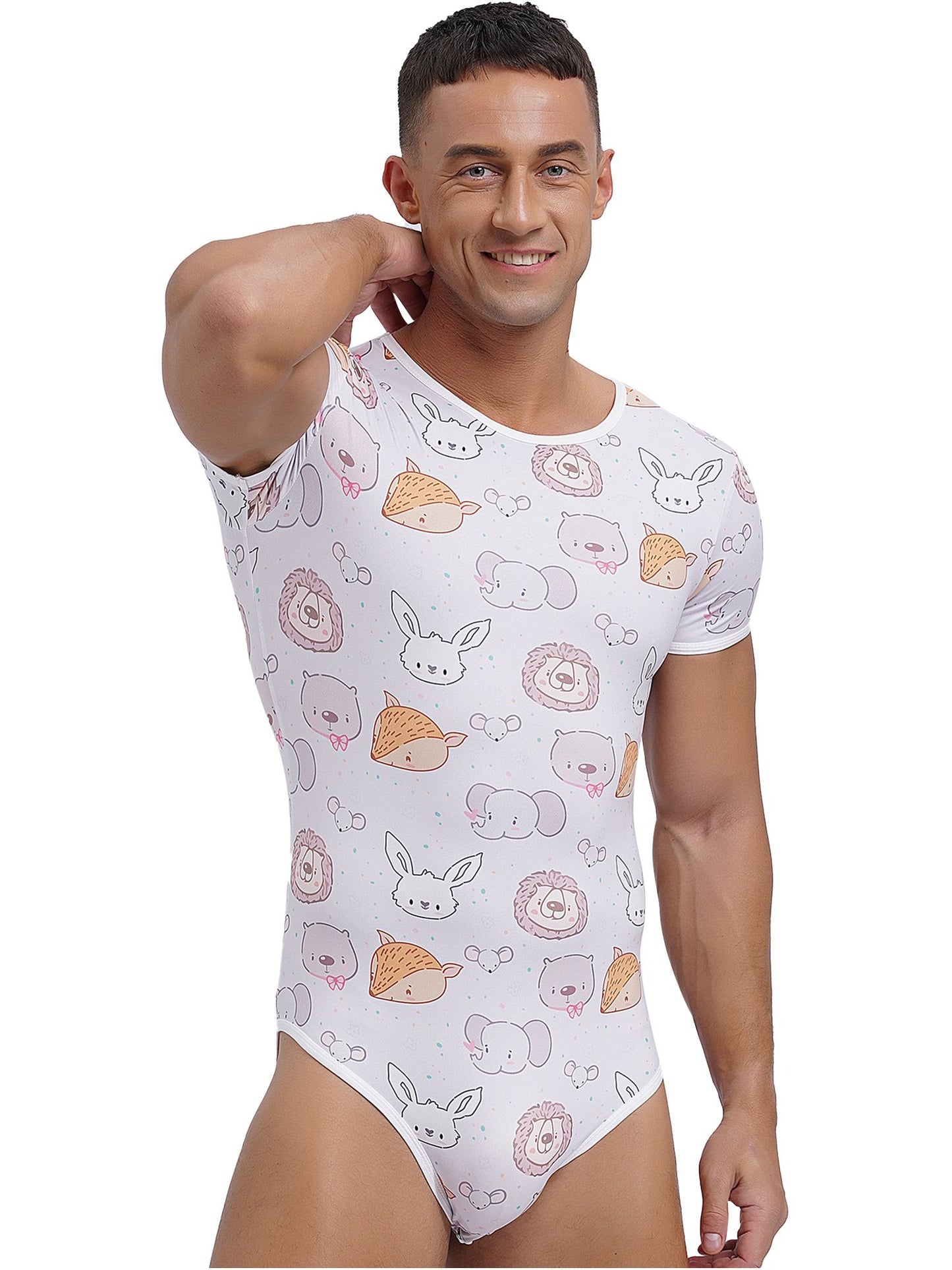 Mens Cute Cartoon Print Bodysuit Sissy Pajamas Short Sleeve Buttoned Crotch Diaper Rompers Gay Male Onesies Sleepwear Loungewear