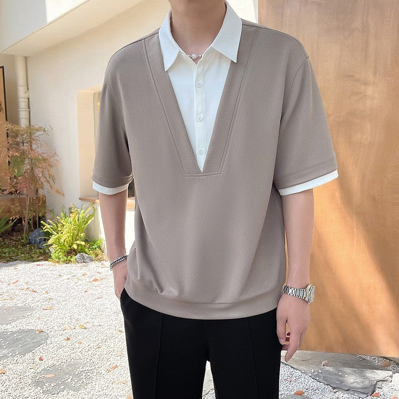 2025 summer new men's fake two-piece shirt, men's clothing, trendy brand, casual, high-end short-sleeved polo shirt