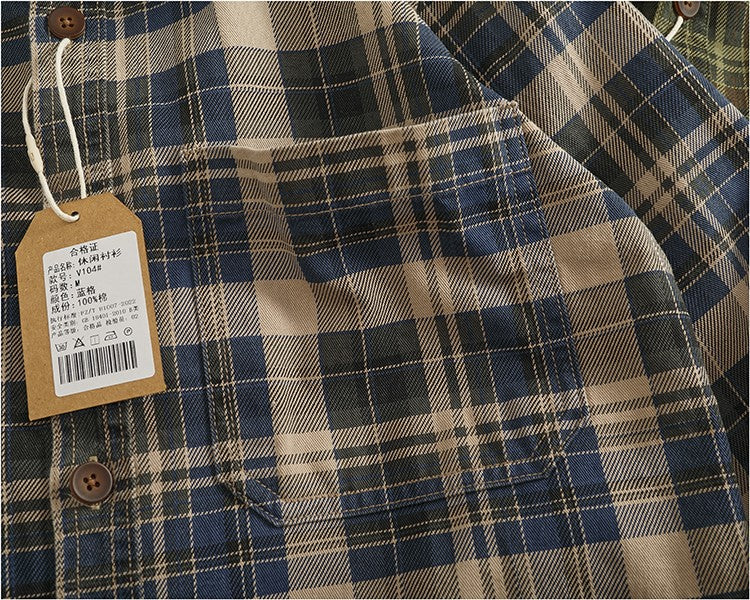 2024 Spring and Autumn New American Retro Woven Plaid Cargo Shirt Men's Simple 100% Cotton Washed Single Pocket Thin Jacket