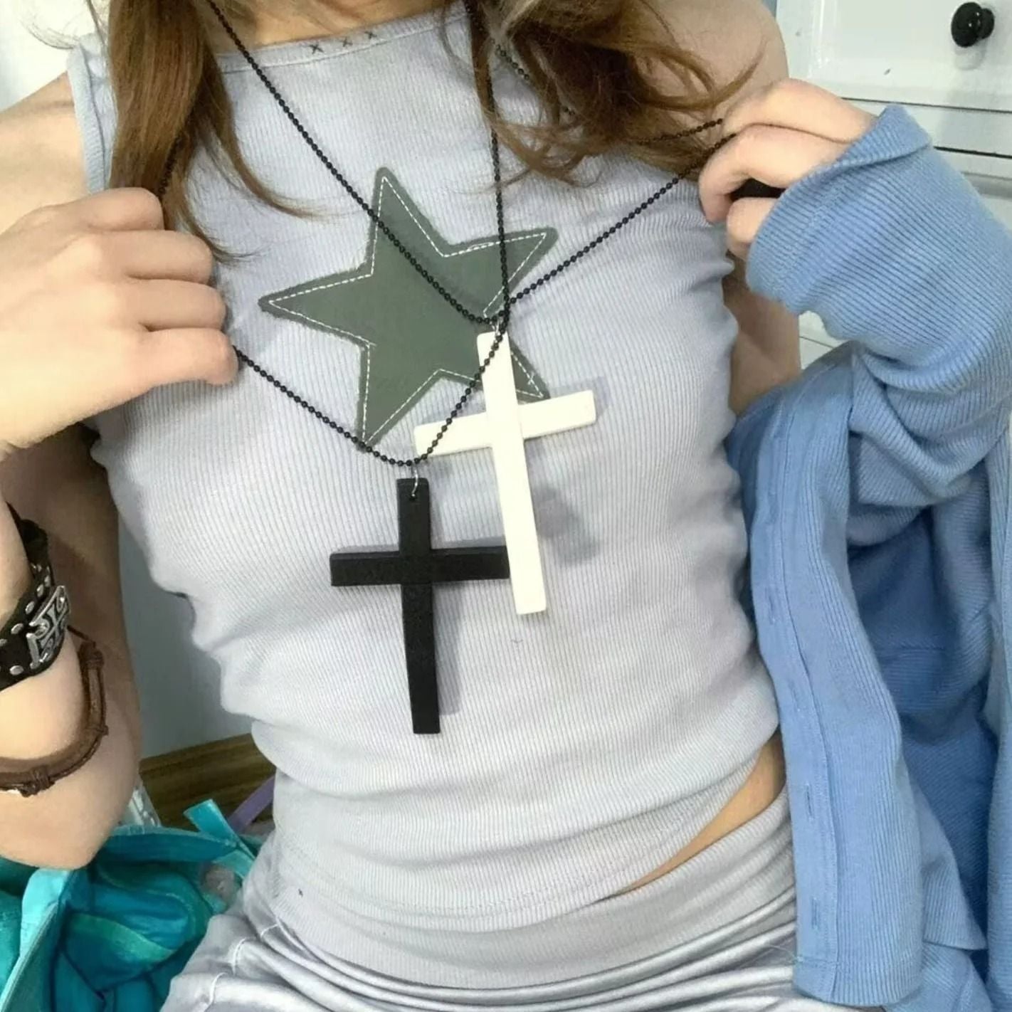 Personality Punk Trendy Cool Gothic Wood Cross Pendant NNecklace for Women Men Vintage Hip Hop Y2k Necklace Party Jewelry Gift