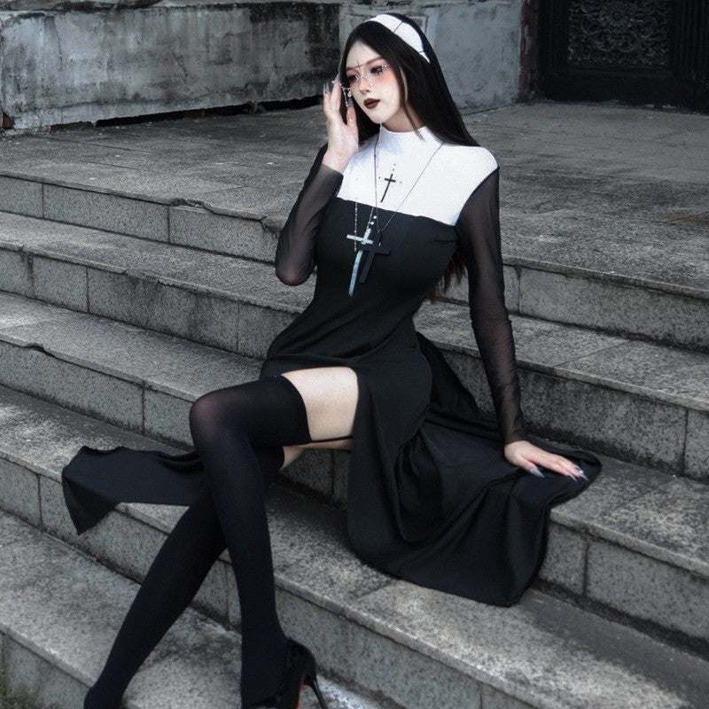 Sexy Nun Cosplay Costume Gothic Black Split Long Dress with Head Veil Halloween Carnival Party Fancy Dress for Women Nun