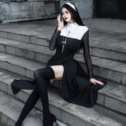 Sexy Nun Cosplay Costume Gothic Black Split Long Dress with Head Veil Halloween Carnival Party Fancy Dress for Women Nun