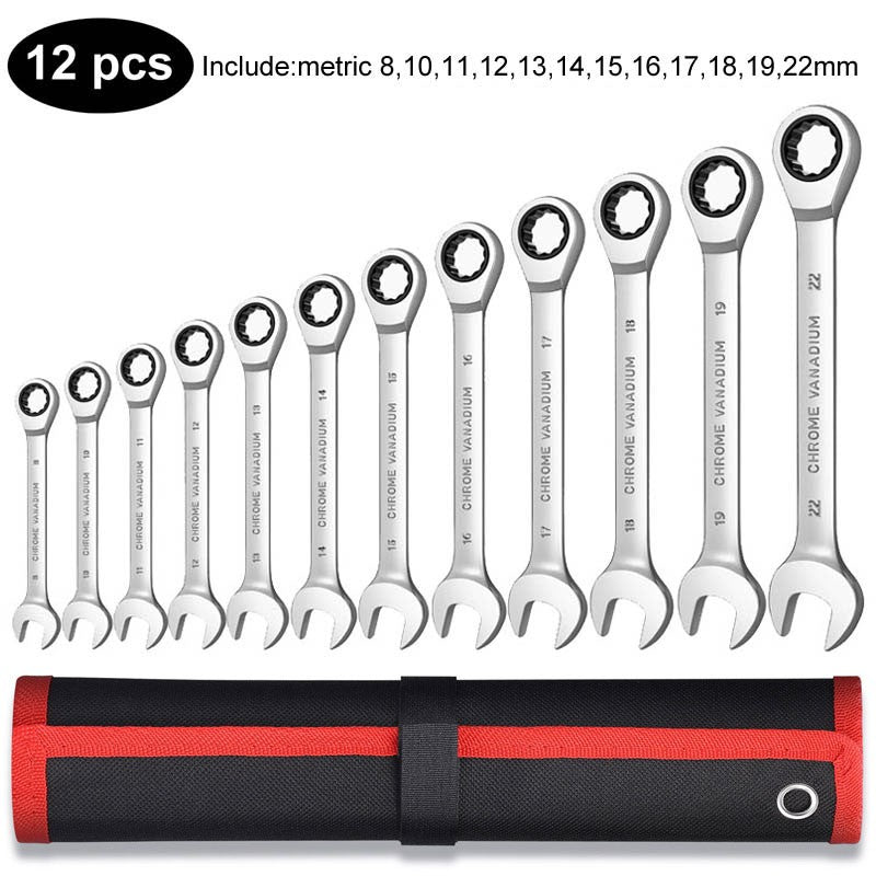 Conjunto de Chaves Catraca Métricas e Standard, Chave Combinada de 12 Pontos com Boca Fechada, Conjunto de Ferramentas para Garagem, CR-V Totalmente Polido