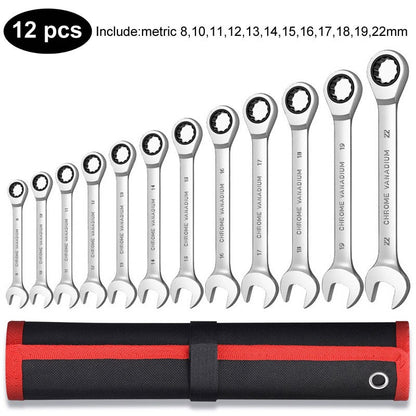 Conjunto de Chaves Catraca Métricas e Standard, Chave Combinada de 12 Pontos com Boca Fechada, Conjunto de Ferramentas para Garagem, CR-V Totalmente Polido
