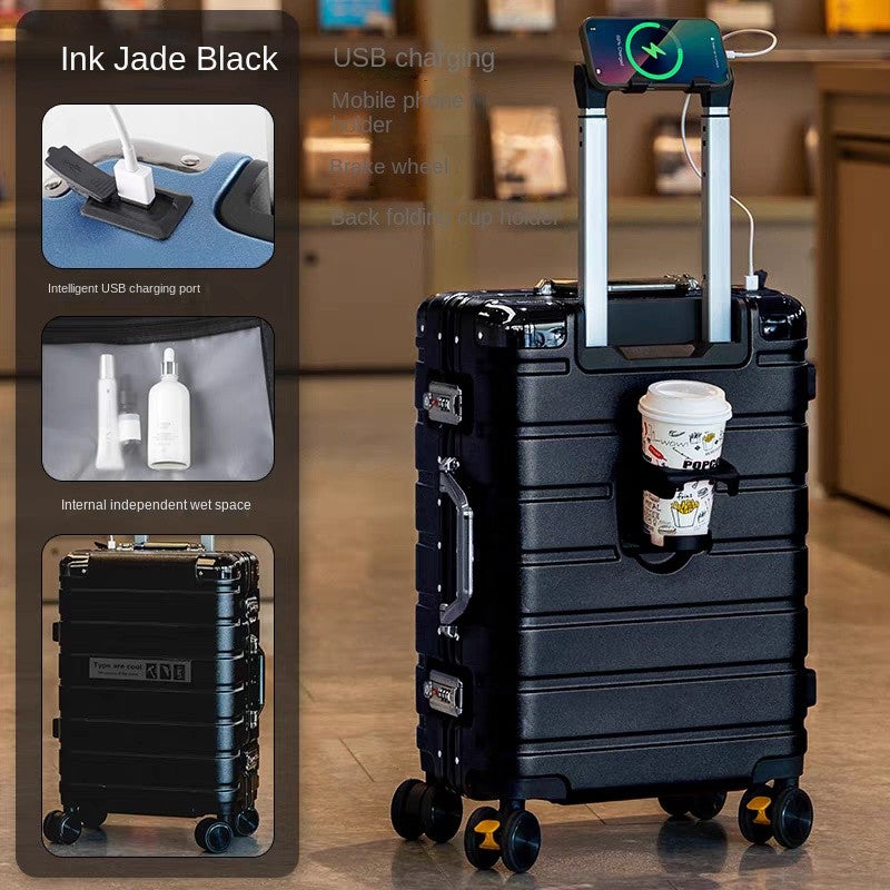 Malas de viagem aprimoradas: mala de 20 polegadas e mala de grande capacidade de 28 polegadas com rodinhas silenciosas com freio, porta-copos e porta de carregamento USB