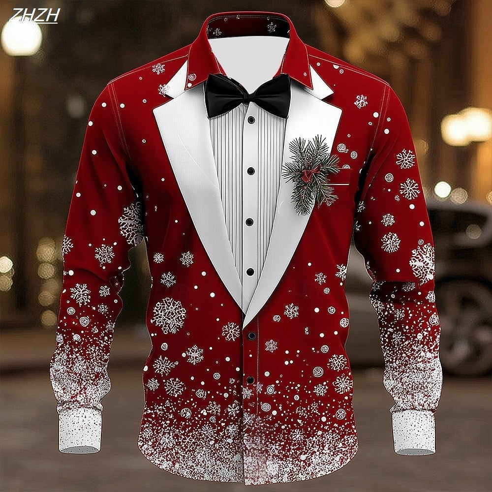 2025 Men's Christmas Snowflake Formal Shirt, 3D Printed Tie Design,Elegant Tuxedo Style,Holiday Party Wedding Attire,Spring Wear