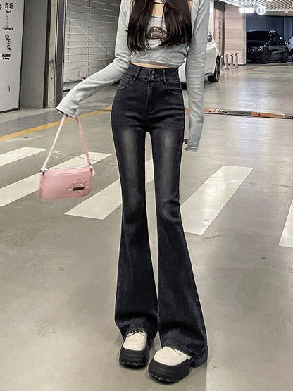 High Waist Fce Lined Thiened Autumn Winter American Bla ey Micro Flared Jeans Women Slimming Legging  Hoof Pants