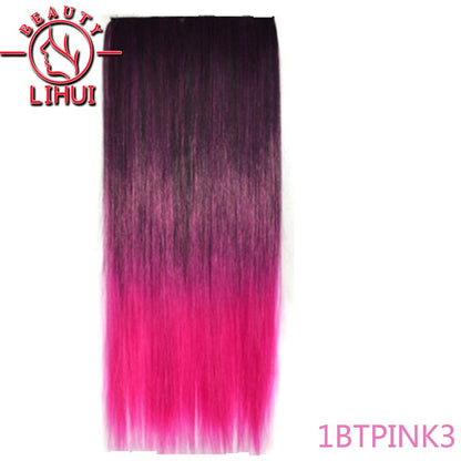 Extensões de cabelo sintéticas com clipe, longas e lisas, com 5 clipes em uma única peça, extensões de cabelo multicoloridas LIHUI