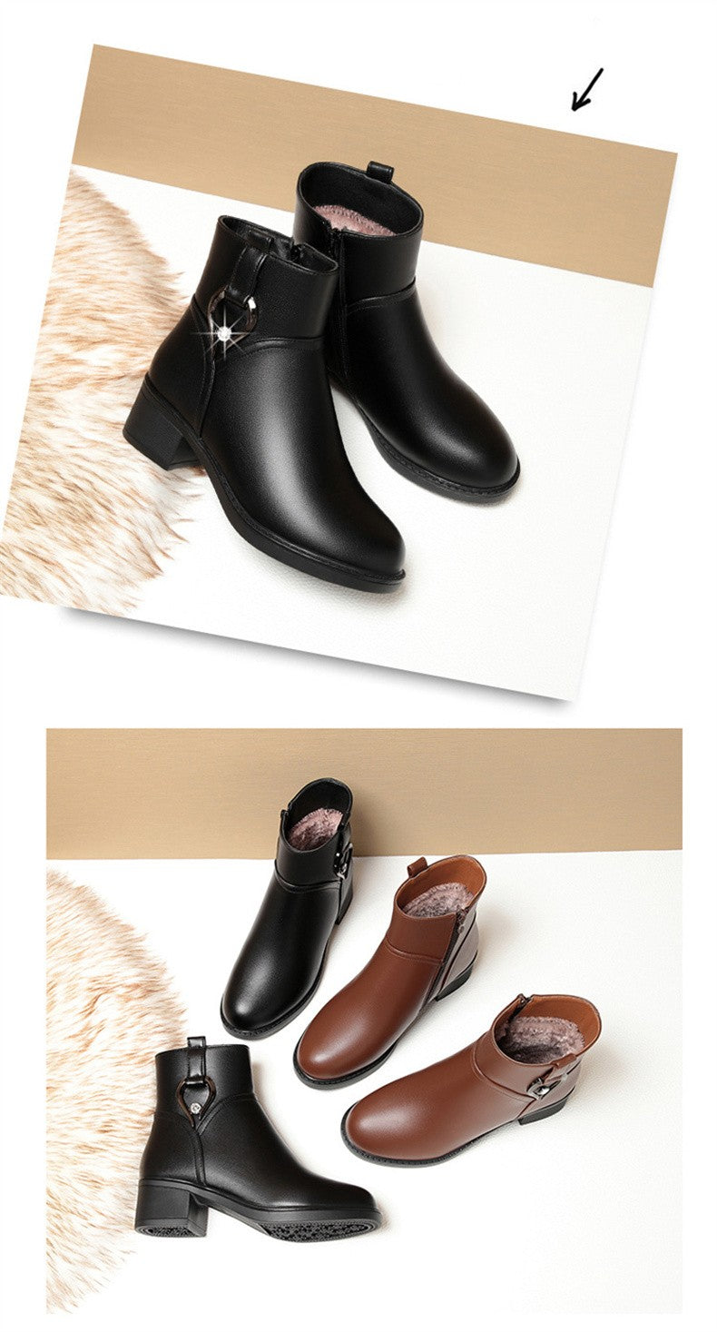 Women's Winter Waterproof Fashion Soft Leather Ankle Boots Mom Thick Plush Warm Cotton Shoes Thick Heel Platform Boots