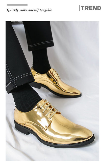 Golden Glossy Leather Shoes Man Formal Shoes Plus Size 38-50 Pointed Toe Men's Dress Shoes Comfortable Flat Party Shoes For Man