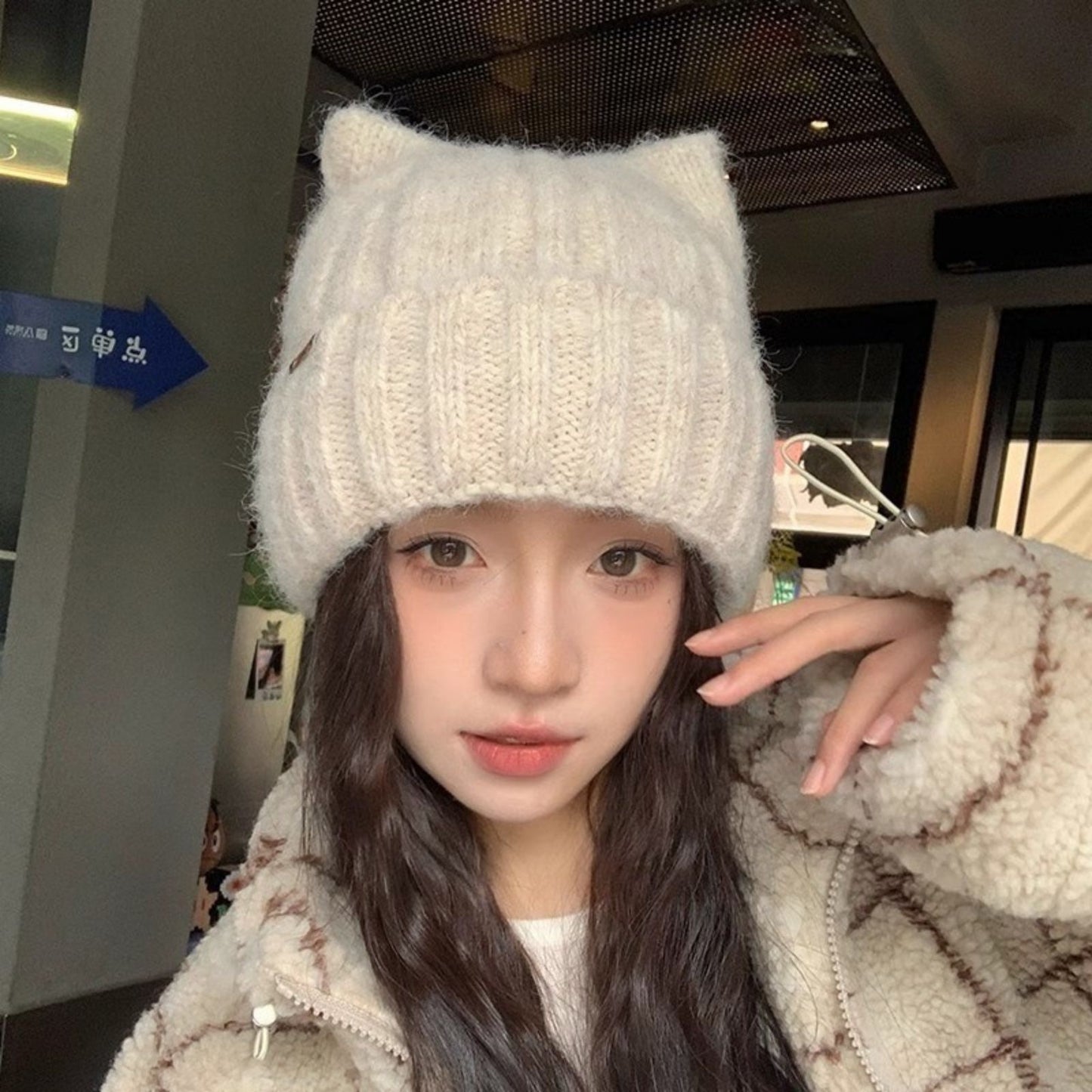 1PC Cat Ear Knitted Beanies, Cute Winter Warm Wool Hats For Women, Korean Style Fashion Headwear