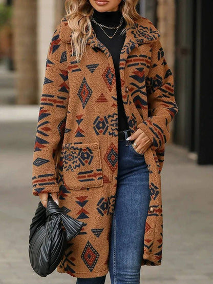 2025 New Women's Overcoat Jacket European American Style Single-breasted Ethnic Printed Fleece Long Length For Autumn Winter