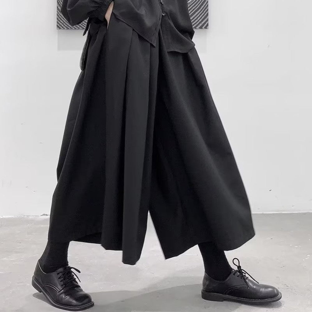 Mens Gothic Dark Style Loose Cropped Hakama Wide Leg Design Sense High Waist Samurai Pants Fashion Straight Male Skirt Pants