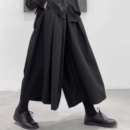 Mens Gothic Dark Style Loose Cropped Hakama Wide Leg Design Sense High Waist Samurai Pants Fashion Straight Male Skirt Pants