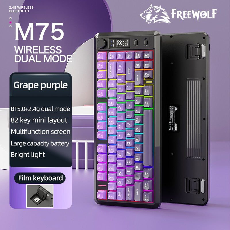 Teclado Gamer Sem Fio Compacto FREE WOLF M75 82 Teclas - Modo Duplo (Bluetooth/2.4G) Retroiluminação RGB Tela OLED Bateria Grande