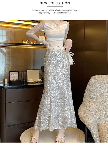 Elegant Sequined Long Black Skirts Women High Waist Party Club Faldas Largas Korean Fashion Y2k Clothes A Line Mid Length Skirt