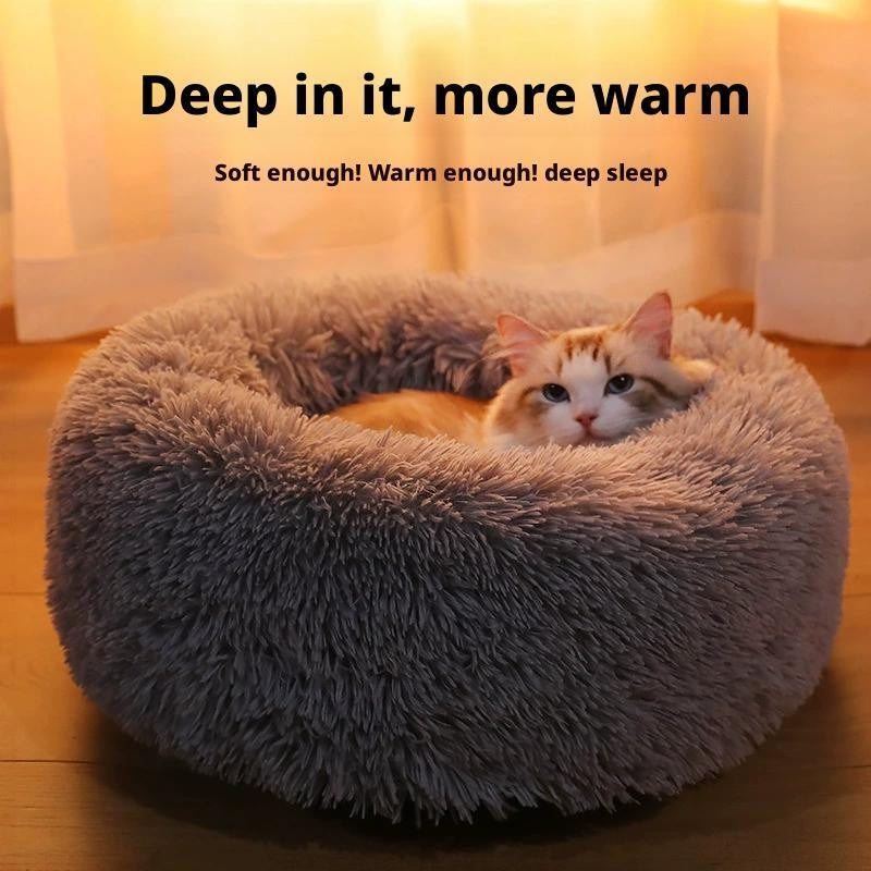 Almofada de Cama para Gatos e Cães de Pelúcia Macia e Quente com Pelo Sintético, Cama Redonda Calmante em Formato de Donut Confortável e Lavável para Cães e Gatos de Pequeno e Médio Porte