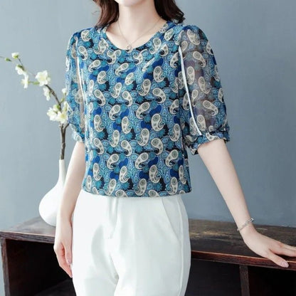 Women Summer Style Chiffon Blouses Shirts Lady Casual Short Puff Sleeve O-Neck Flower Printed Blusas Tops