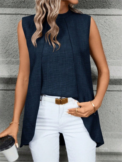 Two Fake Pieces Shirts For Women 2024 Fashion O-neck Sleeveless Shirt Tops Summer Elegant Solid Blouse Top Femme Black