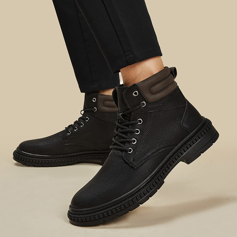 Italian Men's Handmade Genuine Leather Boots Outdoor Antiskid Motorcycle Boot Fashion Thick Bottom Lace-Up Boots Walking Shoes