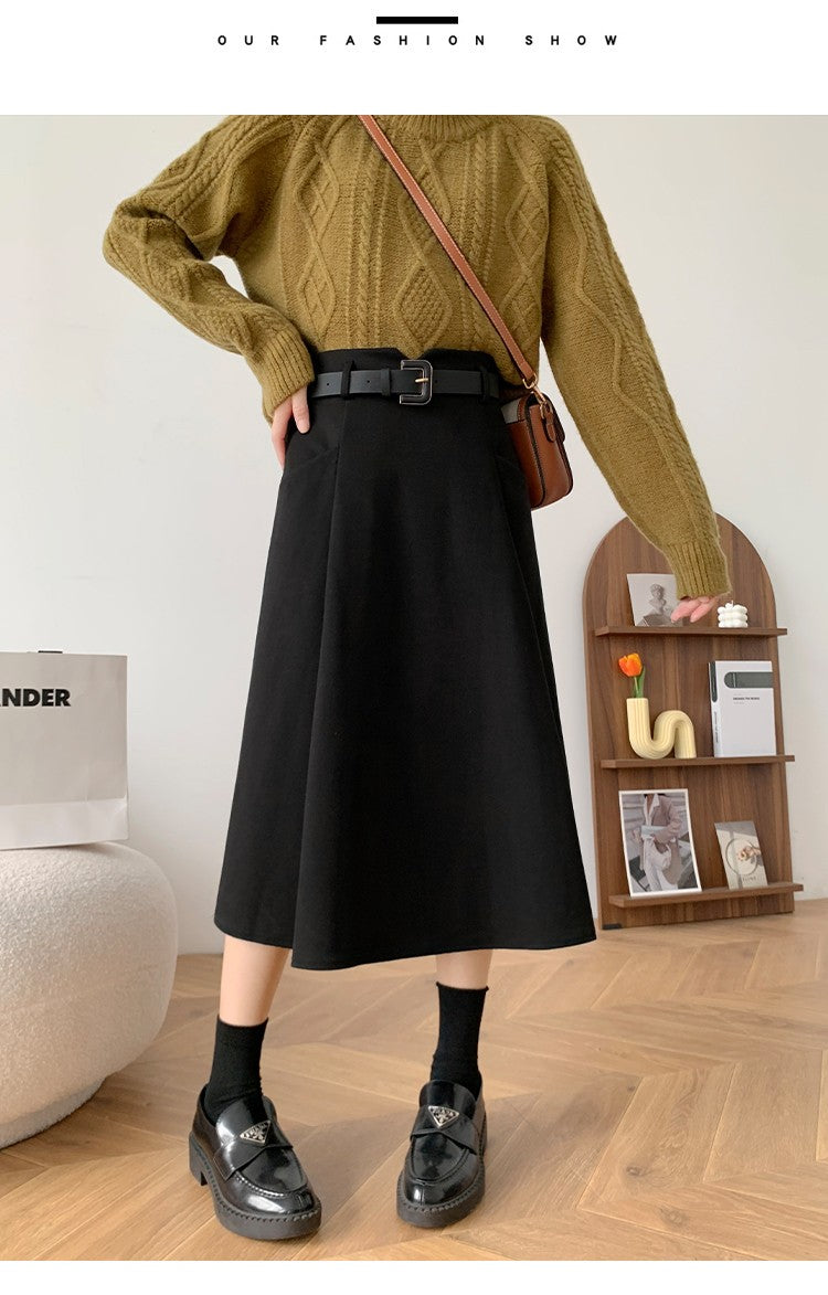 Plus Size Woolen Skirt Women 2024 Autumn Winter New Arrivals High Waist A Line Skirt With Belt Korean Fashon Skirts Womens