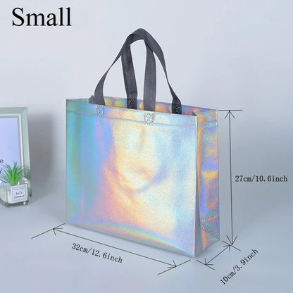 10Pcs Reusable Silver Laser Tote Bag Durable Non Woven Gift Shopping Bag for Wedding Bridesmaid Party Birthday Eco Friendly